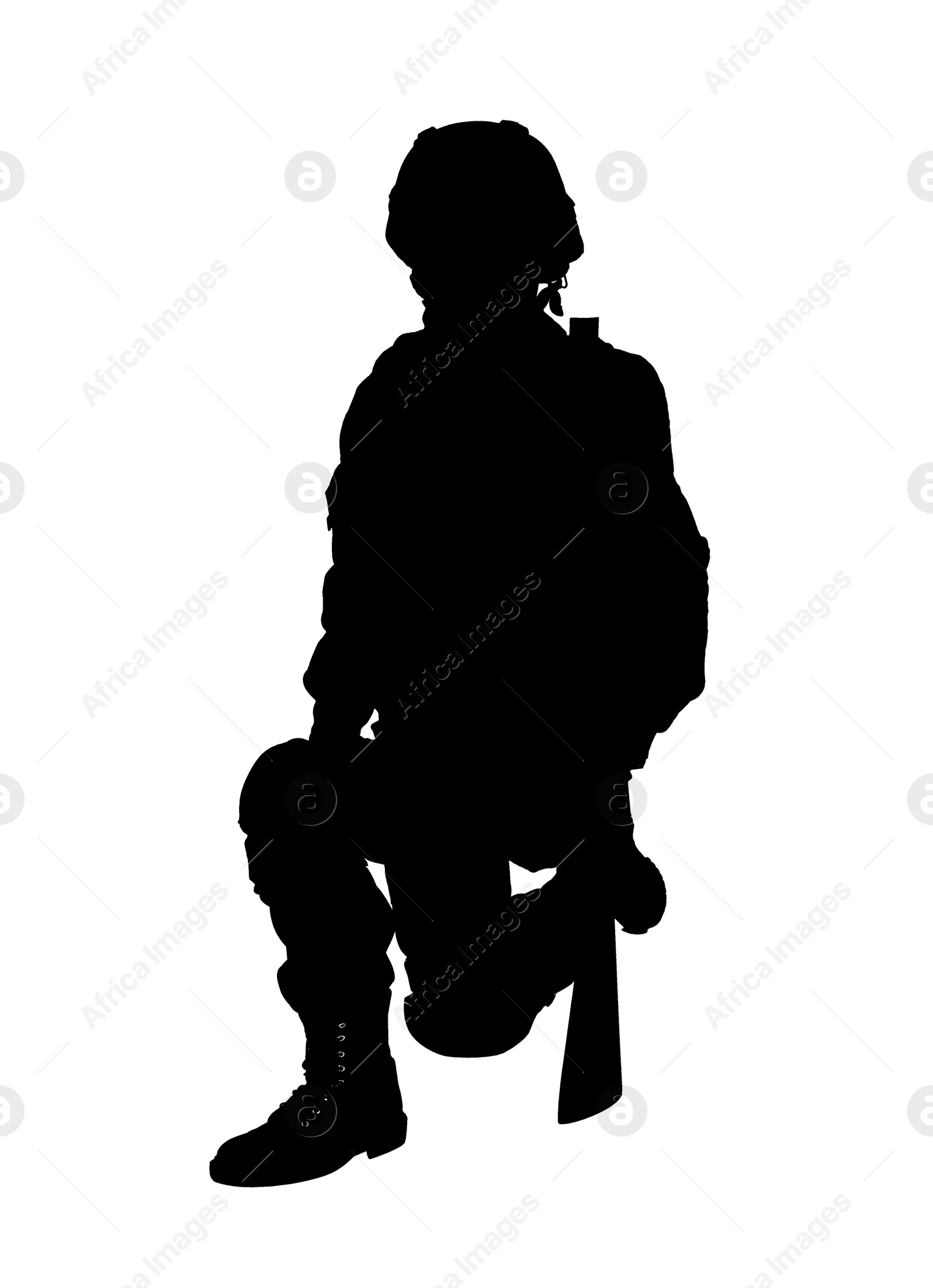 Image of Silhouette of soldier with assault rifle on white background. Military service