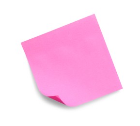 Blank pink sticky note on white background, top view