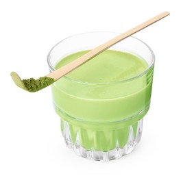 Glass of tasty matcha smoothie and bamboo spoon with powder isolated on white