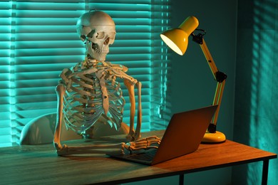 Photo of Waiting concept. Human skeleton sitting at wooden table with laptop indoors