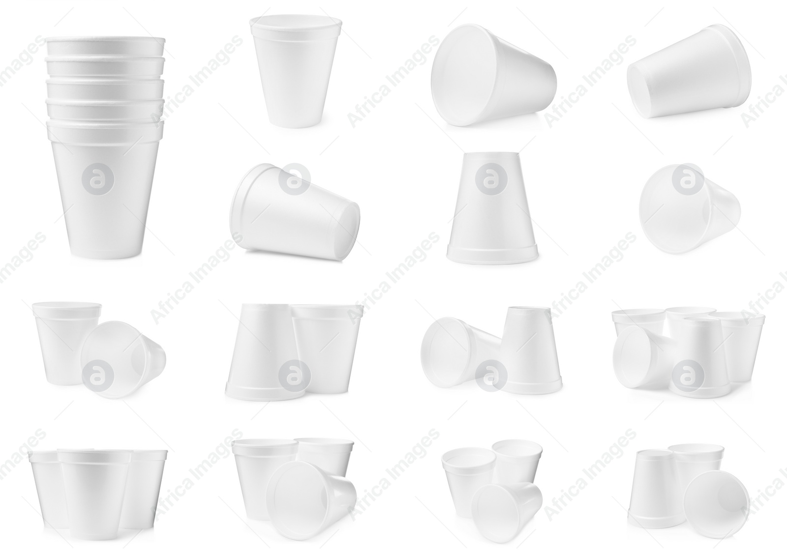 Image of Set with styrofoam cups on white background