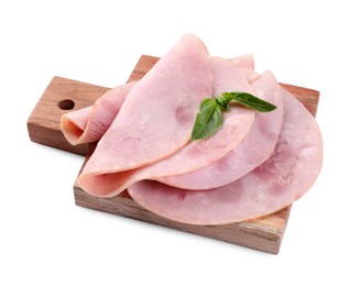 Photo of Slices of tasty ham and basil isolated on white