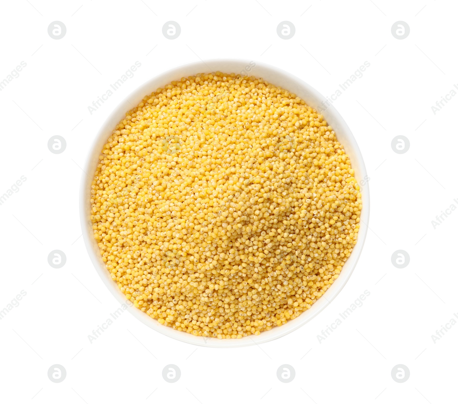 Photo of Dry millet seeds in bowl isolated on white, top view