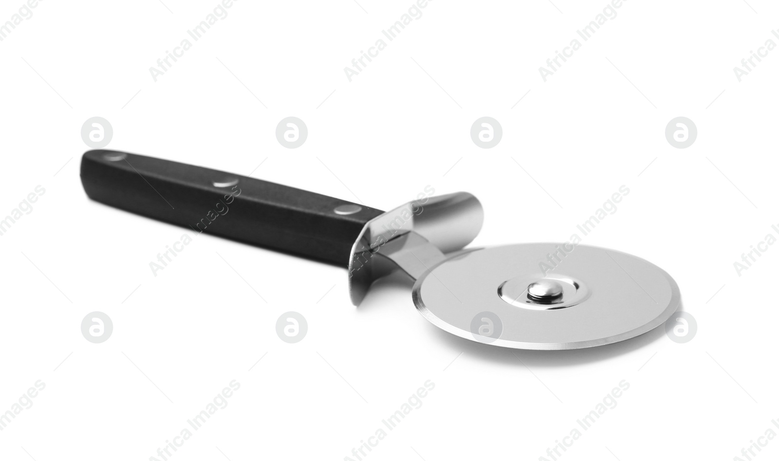 Photo of New pizza cutter with black handle isolated on white