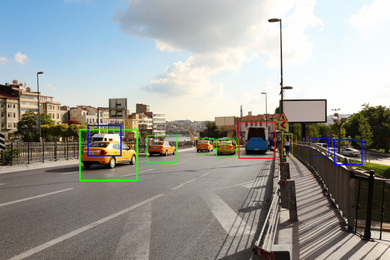 Image of City road with scanner frames on cars outdoors. Machine learning