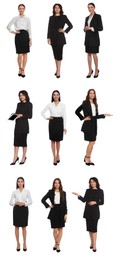 Image of Collage with photos of hostess in uniform on white background