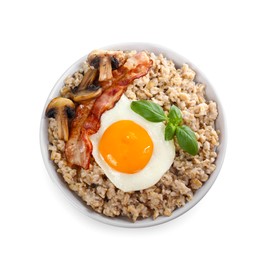 Photo of Tasty boiled oatmeal with fried egg, mushrooms and bacon isolated on white, top view