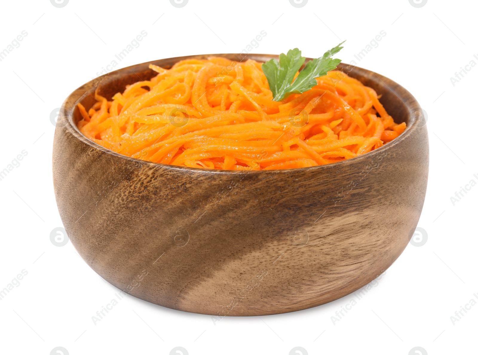 Photo of Delicious Korean carrot salad with parsley in bowl isolated on white