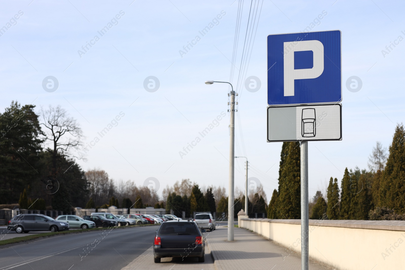 Photo of Traffic sign Parking on city street, space for text