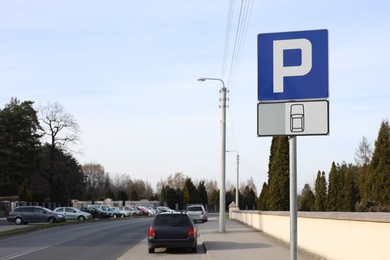 Traffic sign Parking on city street, space for text