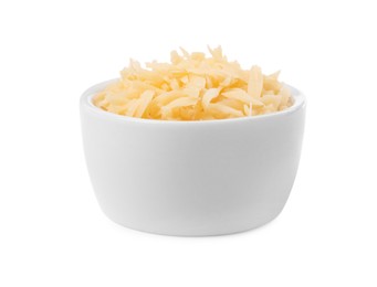 Tasty grated cheese in bowl isolated on white