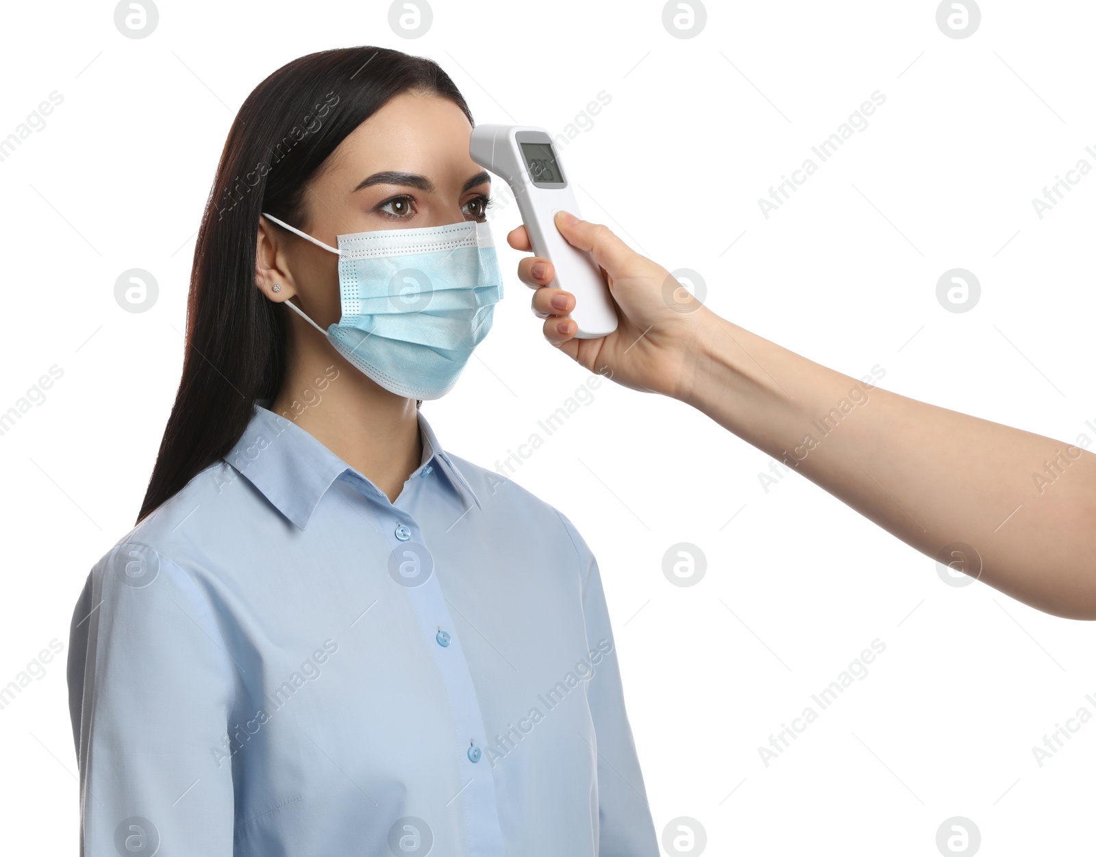 Photo of Doctor measuring woman's temperature on white background, closeup. Prevent spreading of Covid-19