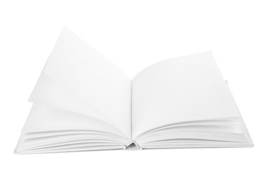 Photo of Mock up of open book on white background