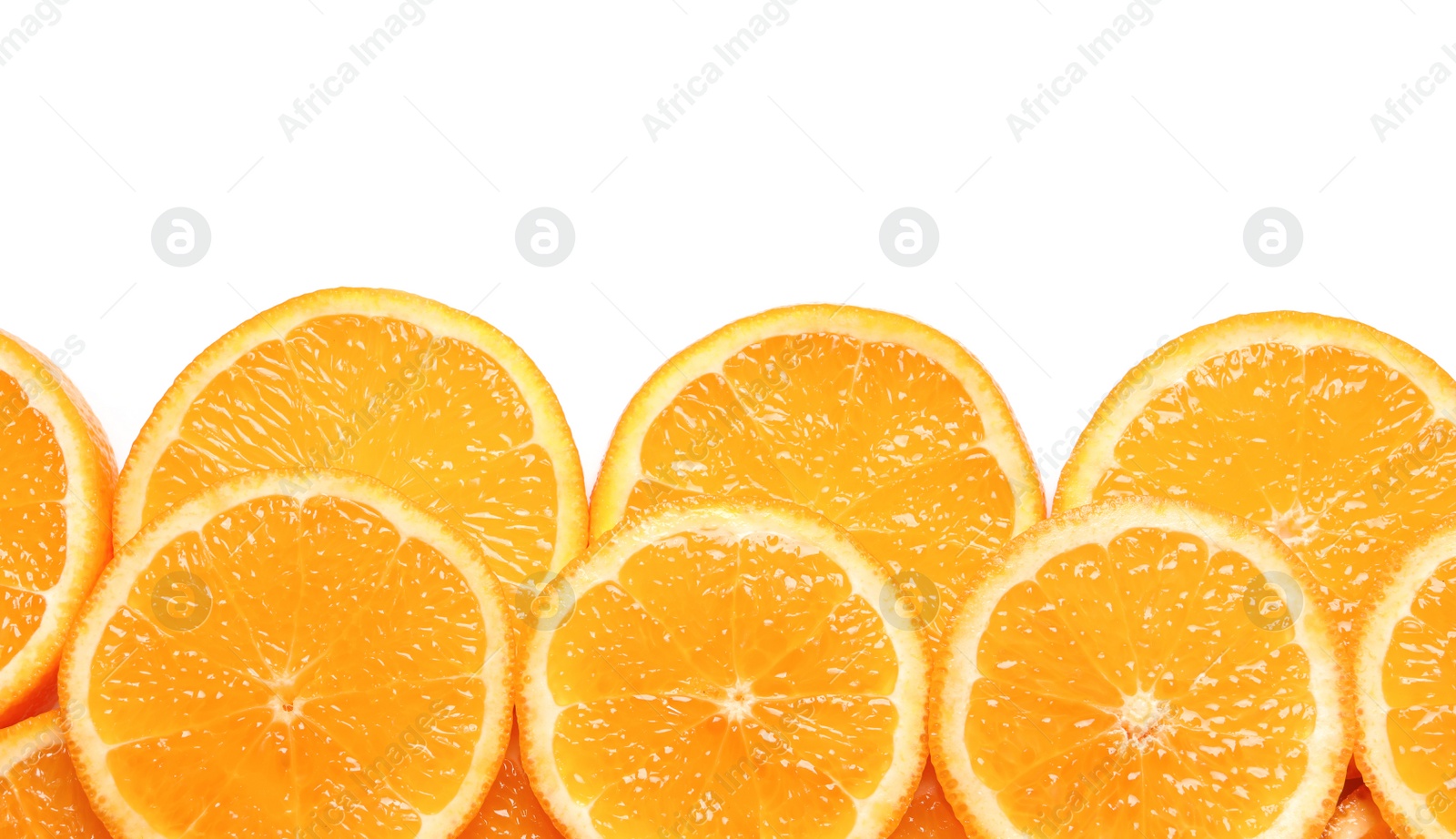 Photo of Juicy orange slices on white background, top view. Citrus fruit