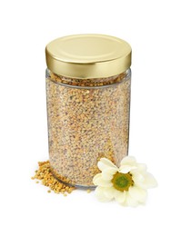 Fresh bee pollen granules in jar and flower isolated on white