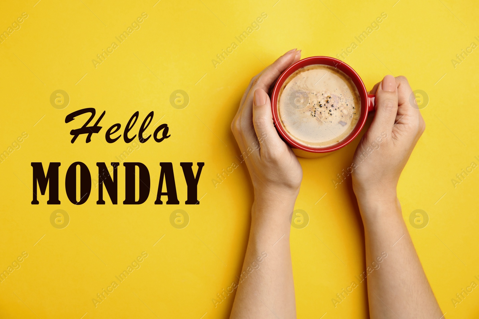 Image of Hello Monday, start your week with good mood. Woman with cup of coffee on yellow background, top view 