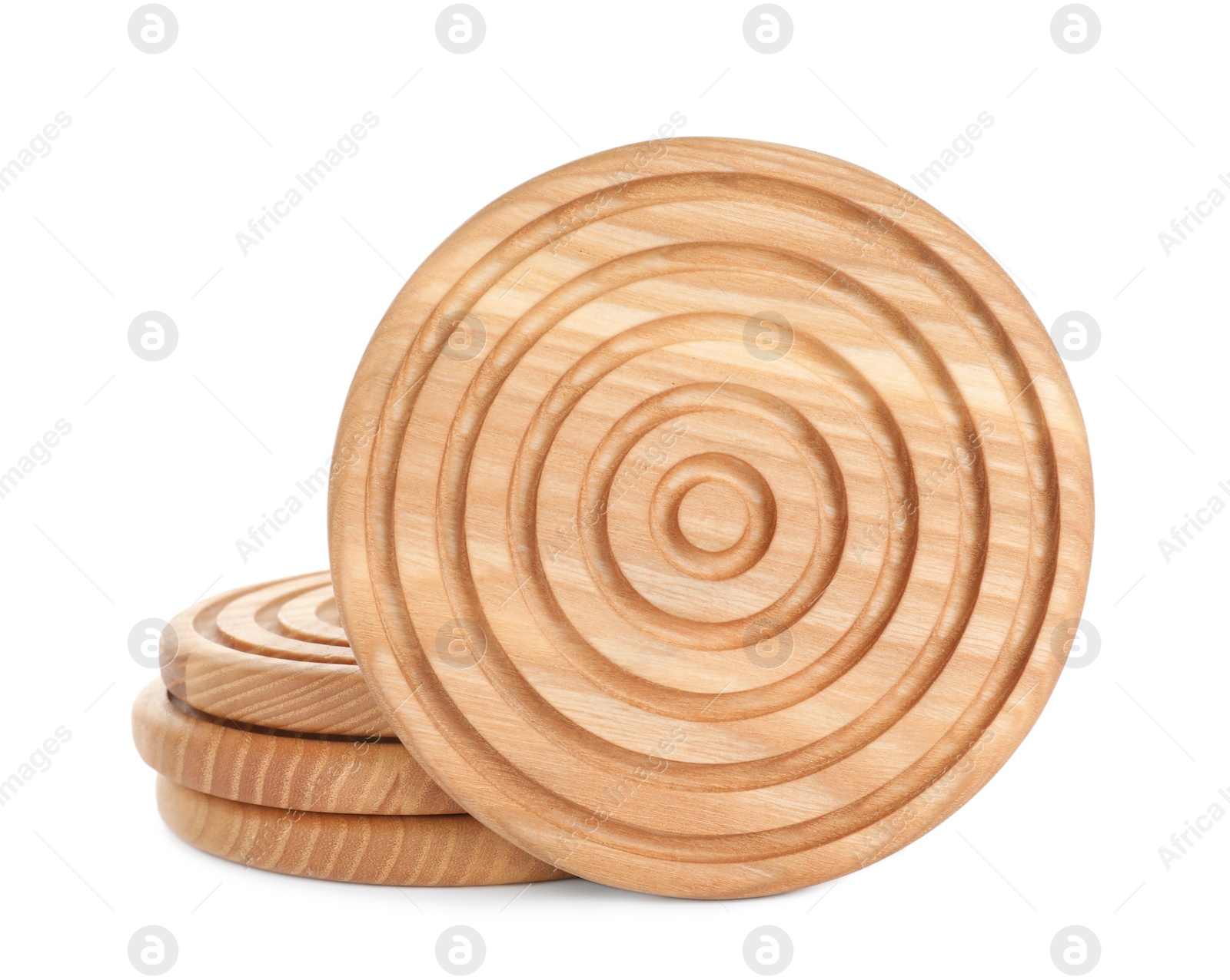 Photo of Stylish wooden cup coasters on white background