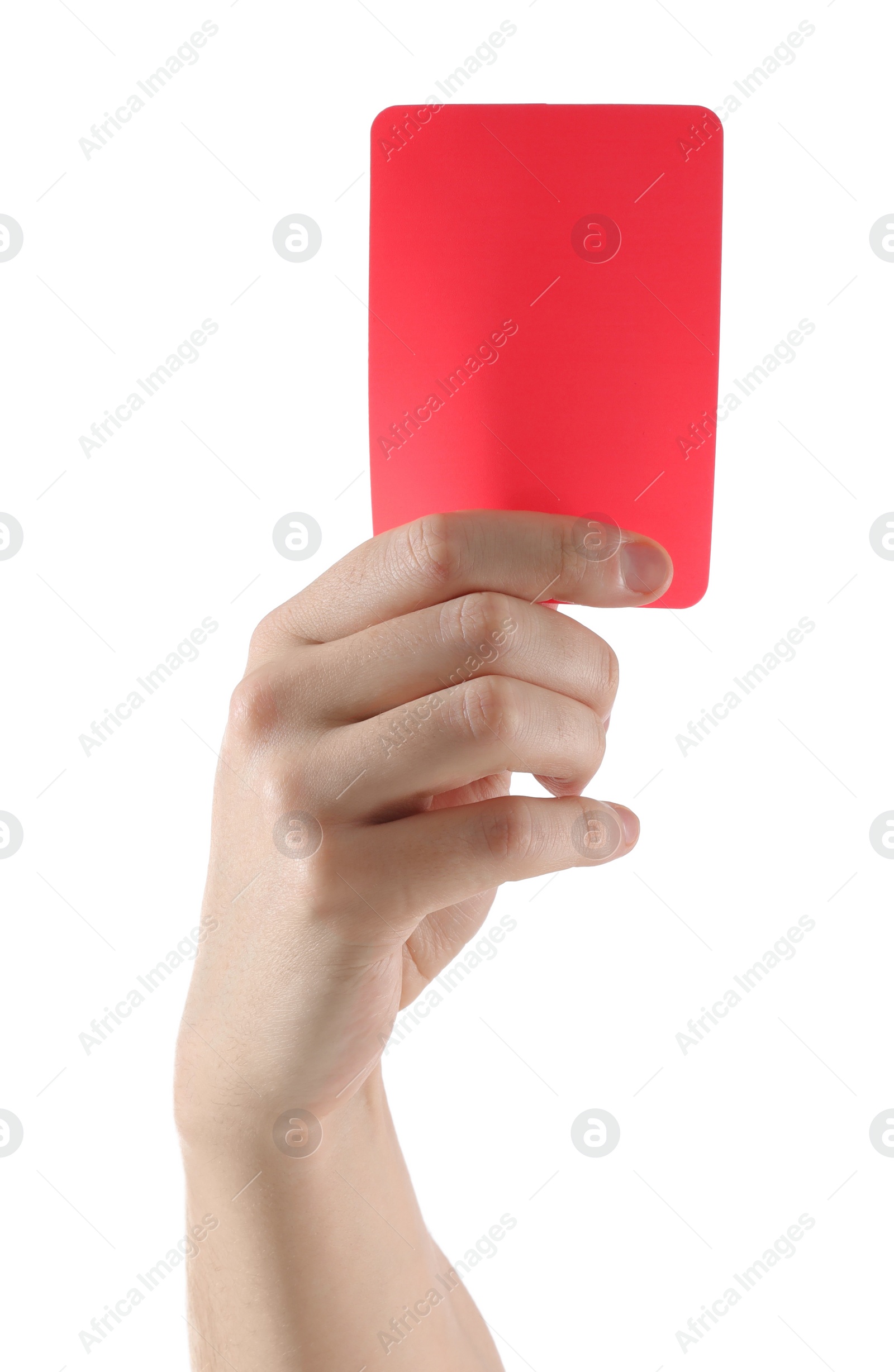 Photo of Referee holding red card on white background, closeup