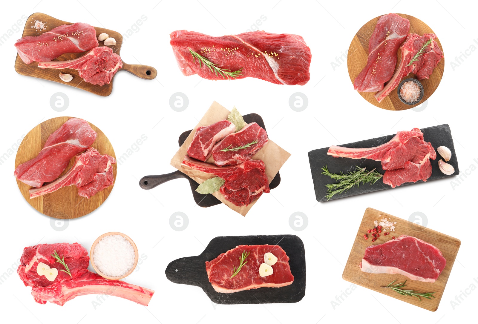 Image of Set of raw beef steaks isolated on white, top view