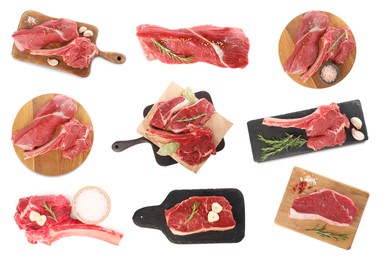 Image of Set of raw beef steaks isolated on white, top view