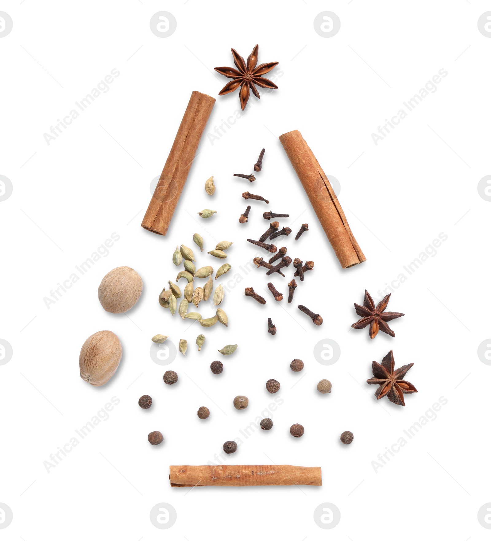 Photo of Christmas tree made of different spices on white background, top view