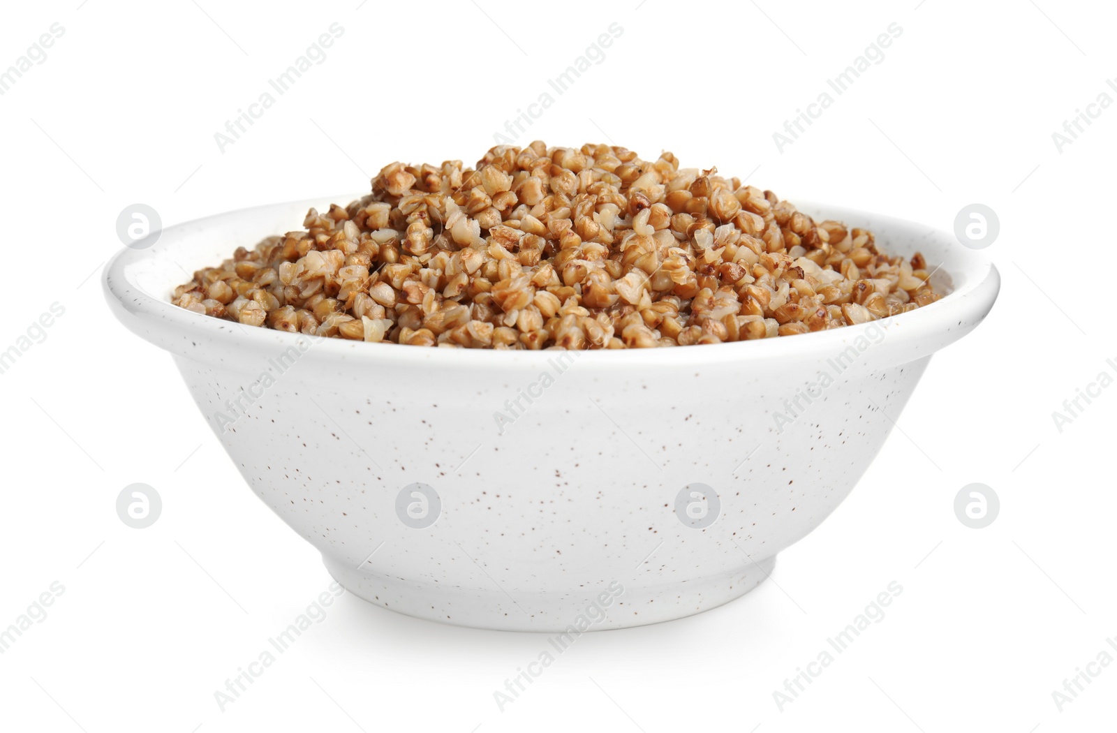 Photo of Bowl of buckwheat porridge isolated on white