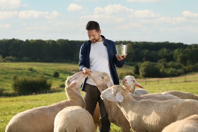 Photo of Smiling man with basket feeding sheep on pasture at farm