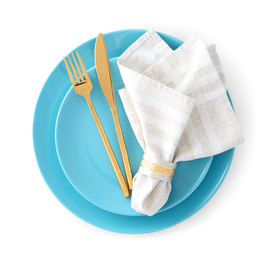 Stylish elegant cutlery with napkin in plate isolated on white, top view