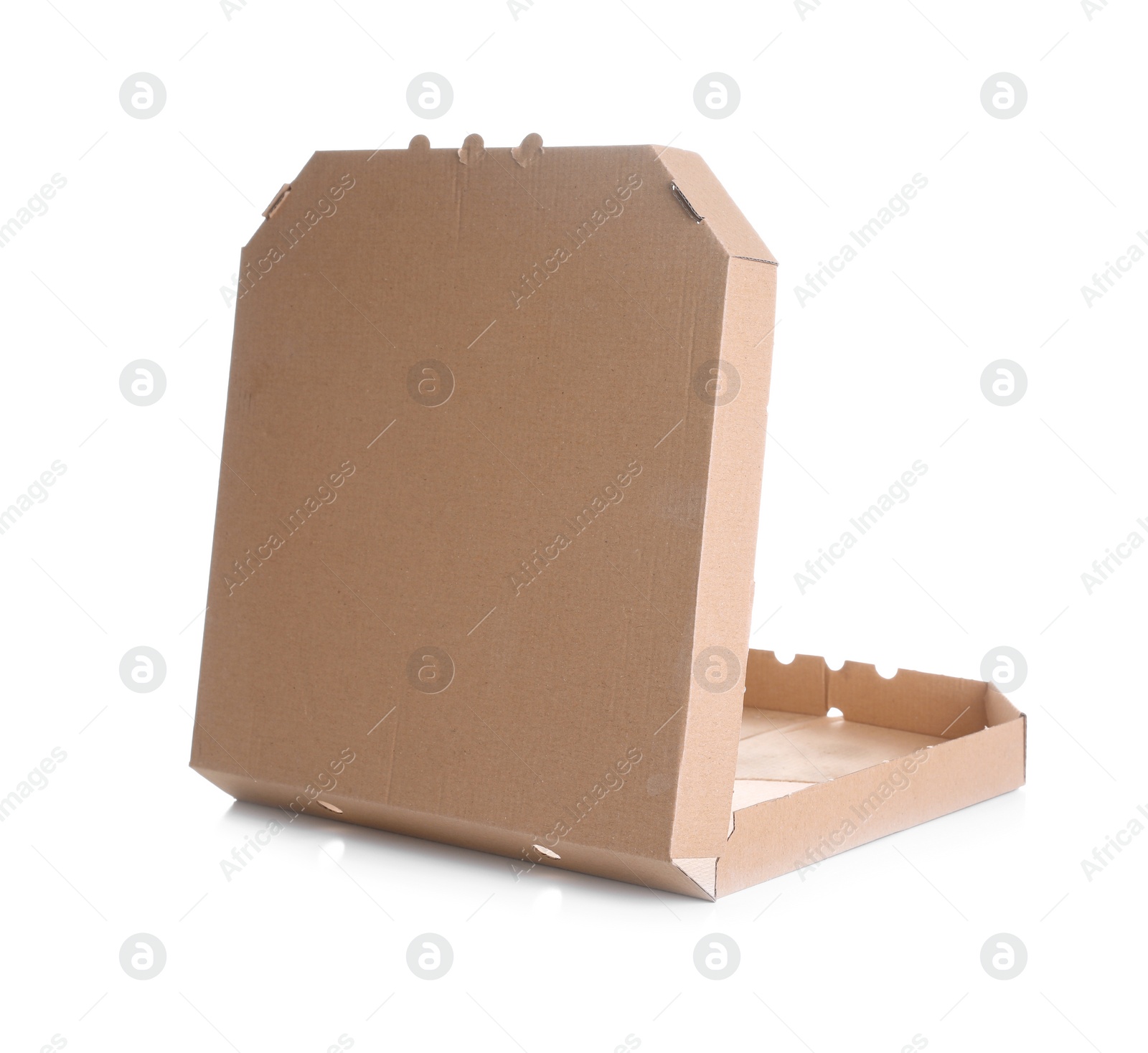 Photo of Open cardboard pizza box on white background. Mockup for design