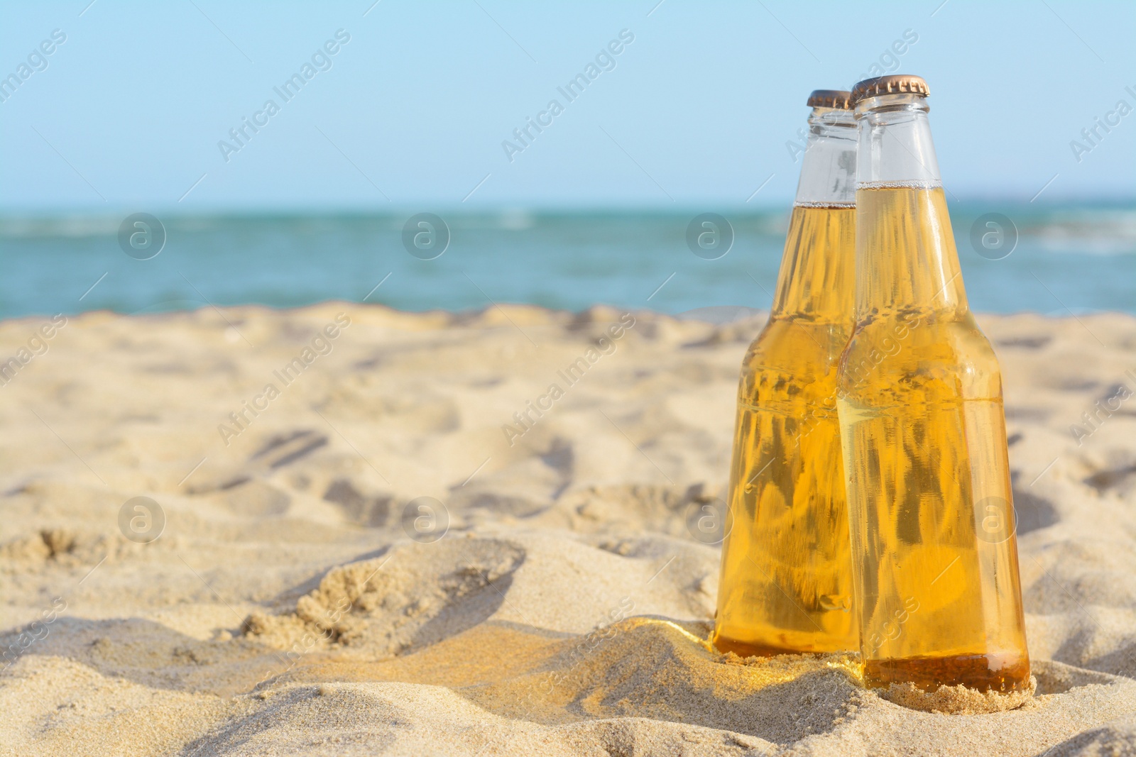 Photo of Bottles of cold beer on sandy beach near sea, space for text