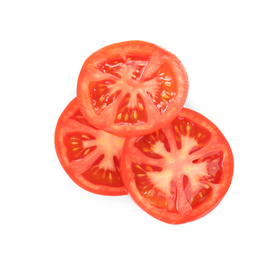 Slices of tasty raw tomato isolated on white, top view