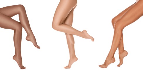Image of Women with beautiful legs on white background, closeup. Collage of photos showing stages of suntanning
