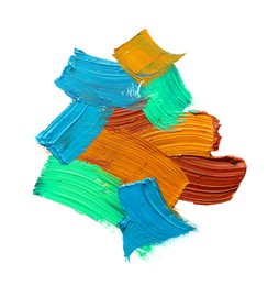 Colorful oil paint strokes on white background, top view