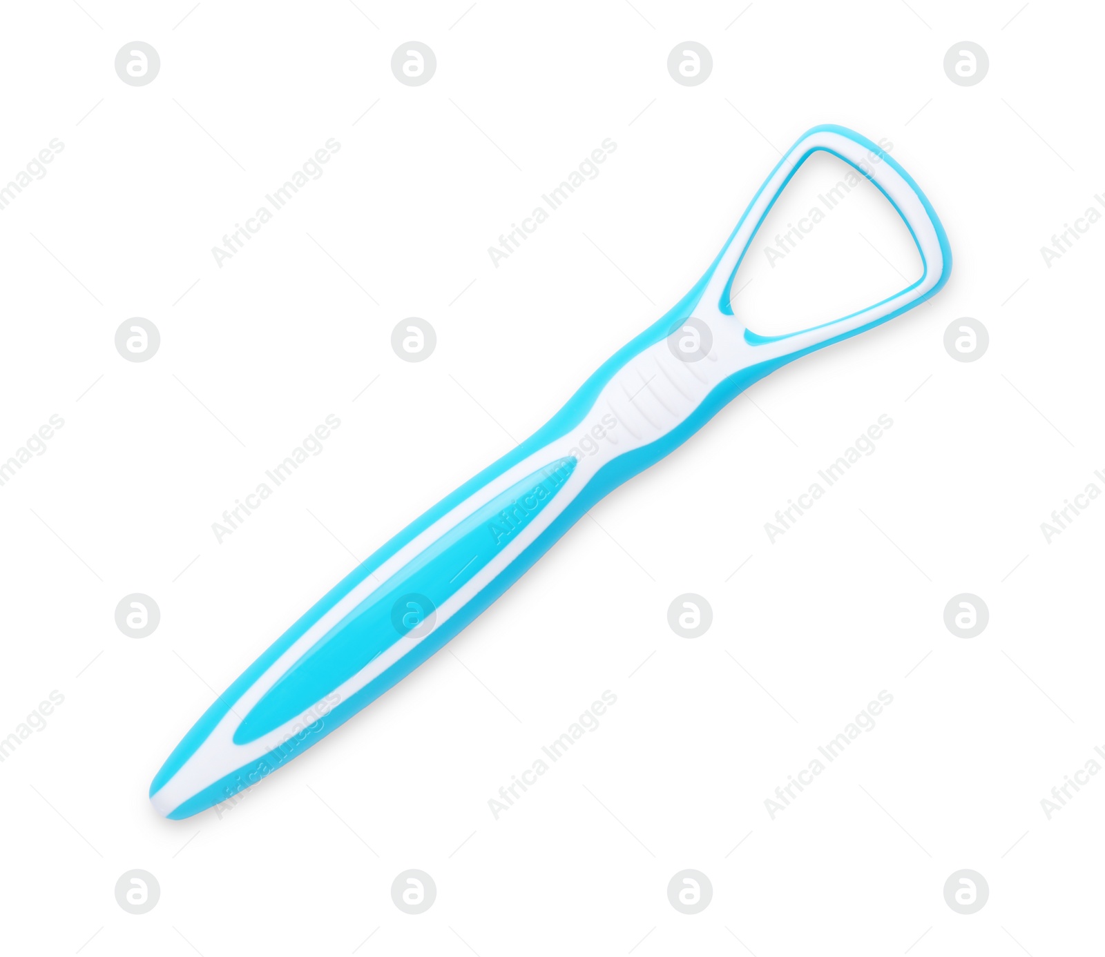 Photo of One light blue tongue cleaner isolated on white, top view. Dental care