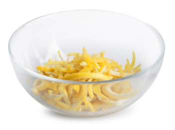 Photo of Glass bowl of fresh lemon peel isolated on white. Citrus zest