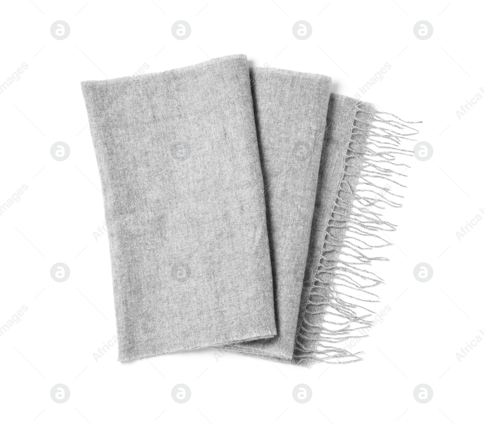 Photo of Soft grey woolen scarf isolated white, top view