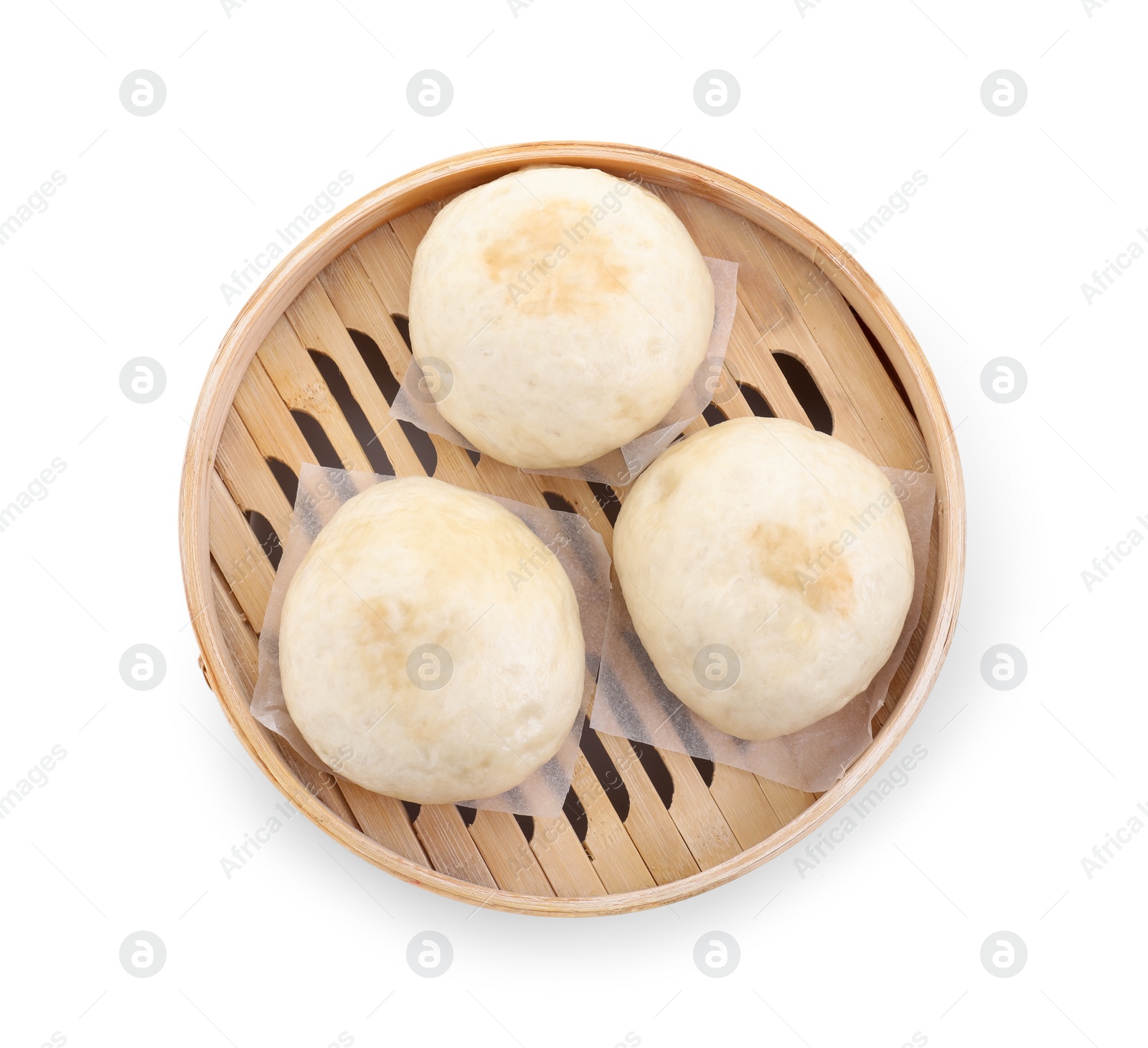 Photo of Delicious chinese steamed buns isolated on white, top view