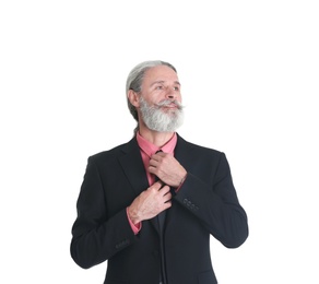 Handsome bearded mature man in suit on white background