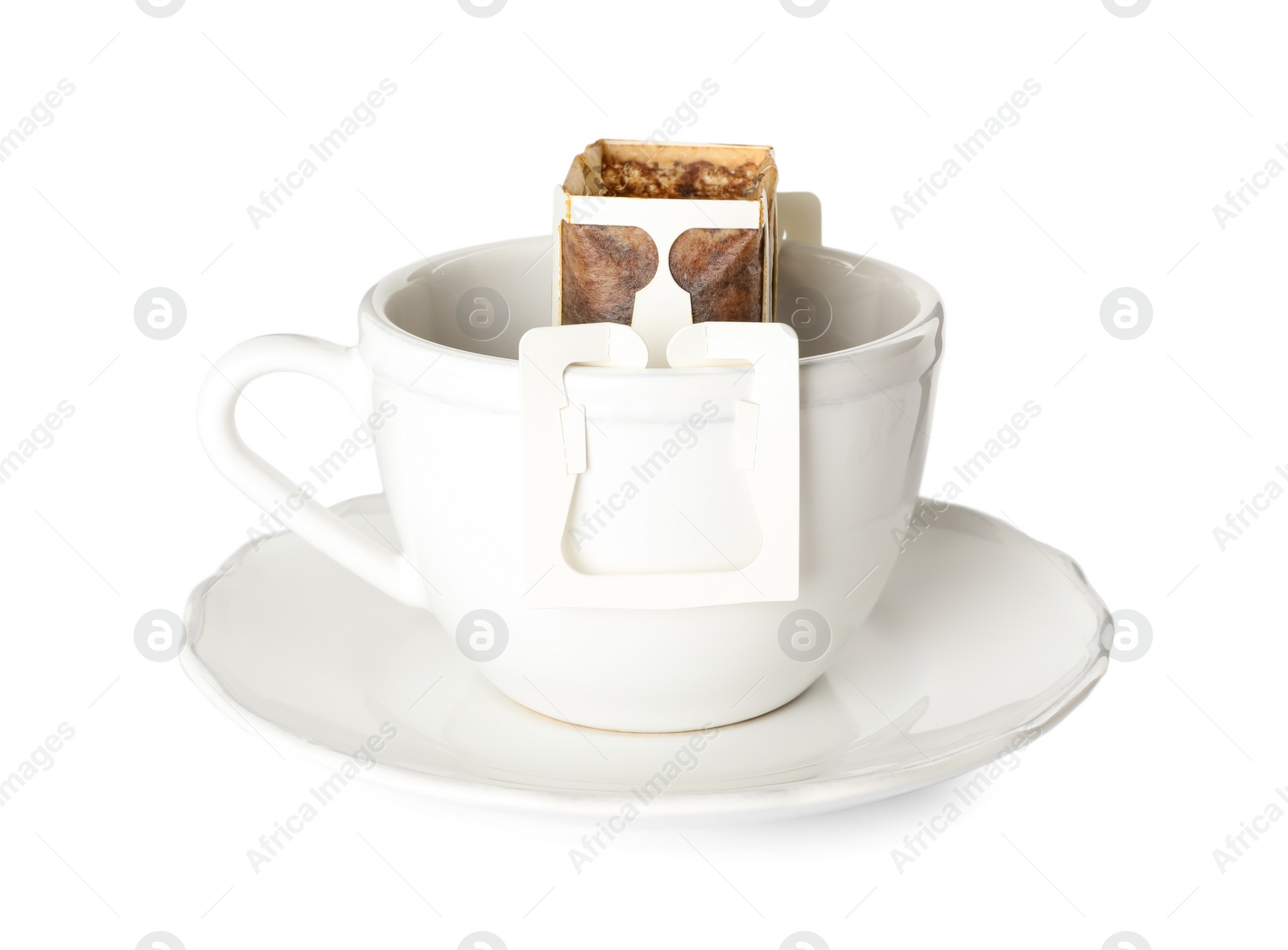 Photo of Cup with drip coffee bag isolated on white