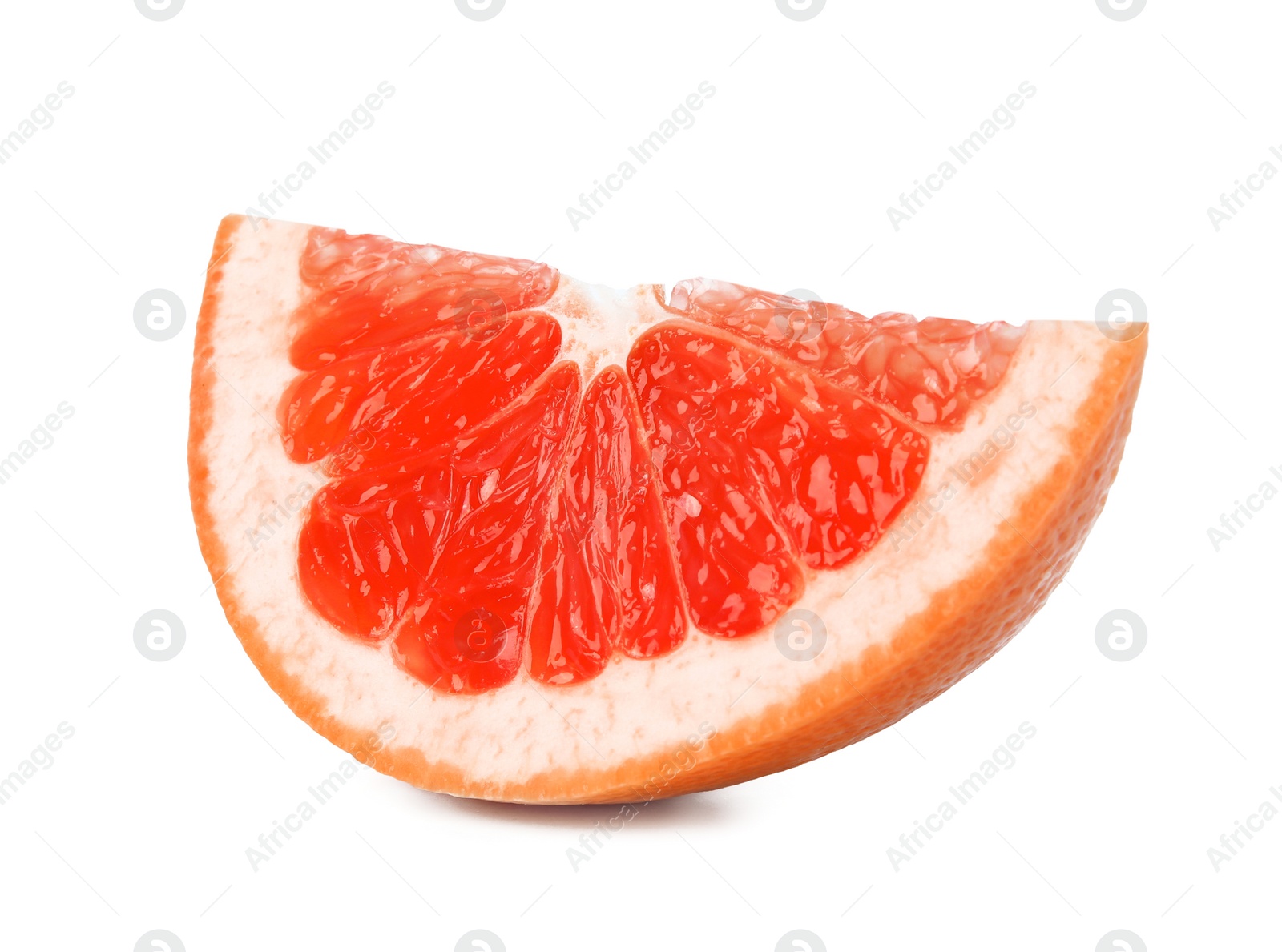 Photo of Slice of ripe juicy grapefruit on white background