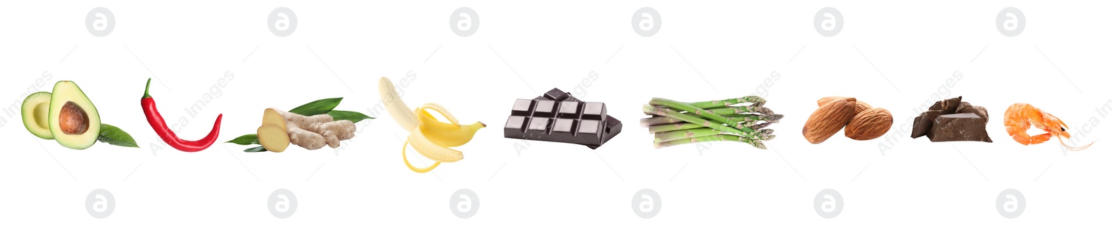Image of Set with different aphrodisiac food for increasing sexual desire on white background, banner design