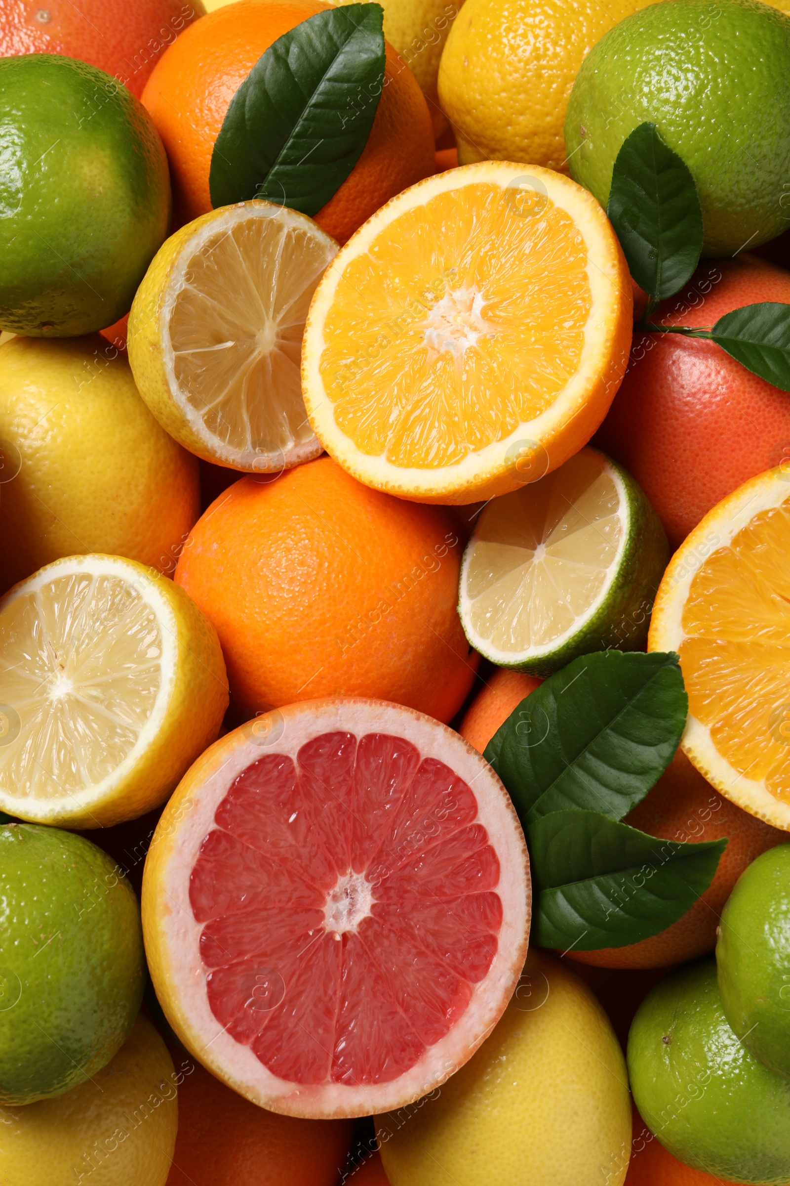 Photo of Different fresh citrus fruits and leaves as background, top view