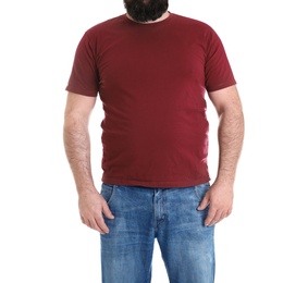 Photo of Overweight man isolated on white, closeup. Weight loss