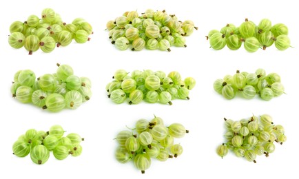 Image of Set with fresh ripe gooseberries on white background