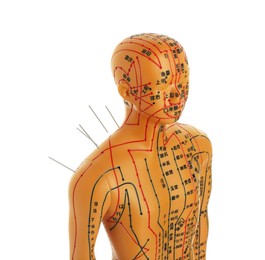 Photo of Acupuncture - alternative medicine. Human model with needles in shoulder isolated on white