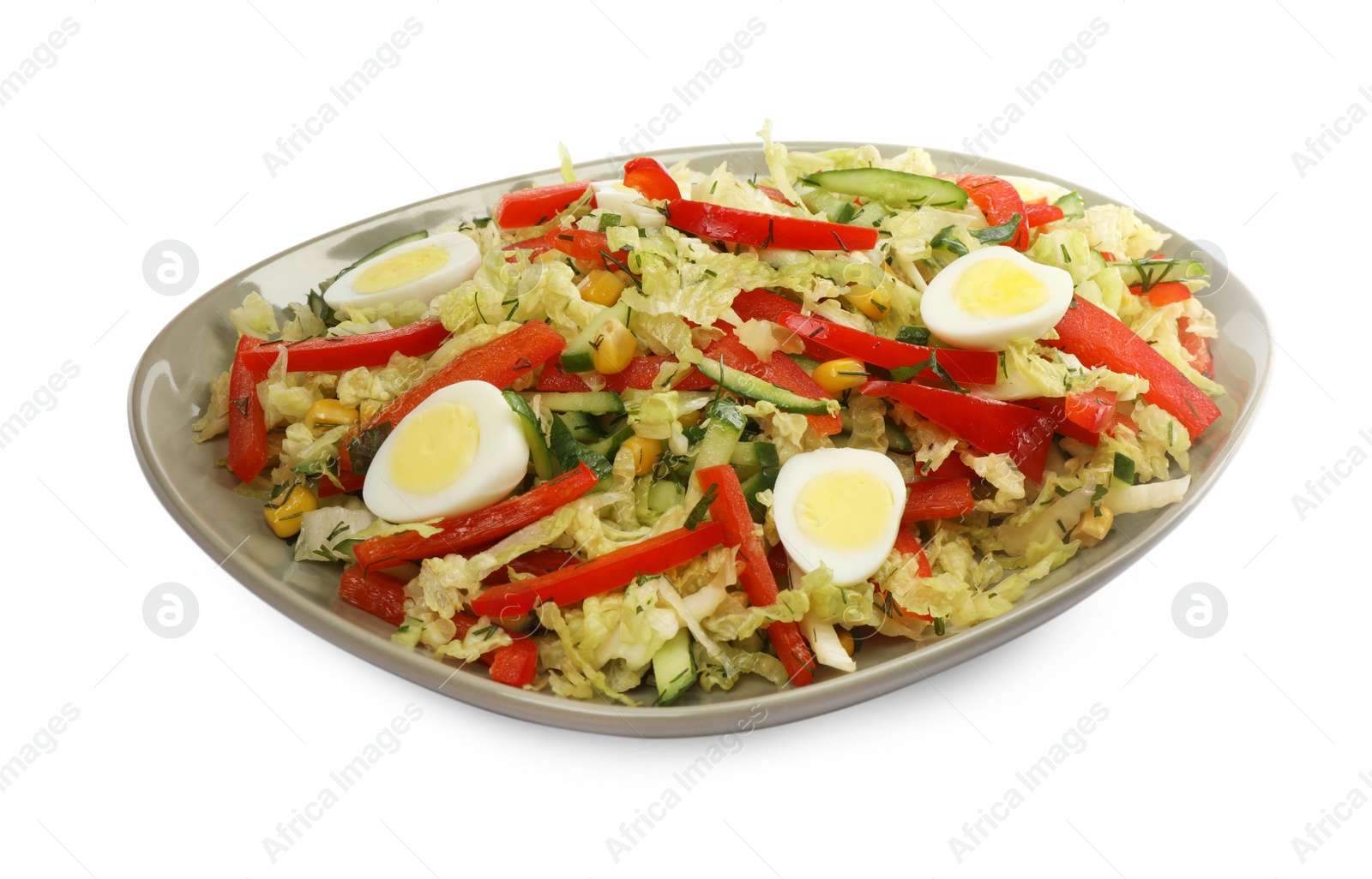 Photo of Plate of delicious salad with Chinese cabbage and quail eggs isolated on white