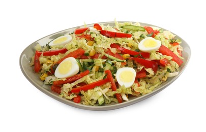 Photo of Plate of delicious salad with Chinese cabbage and quail eggs isolated on white