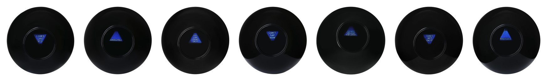 Image of Magic eight ball with different predictions isolated on white, collection