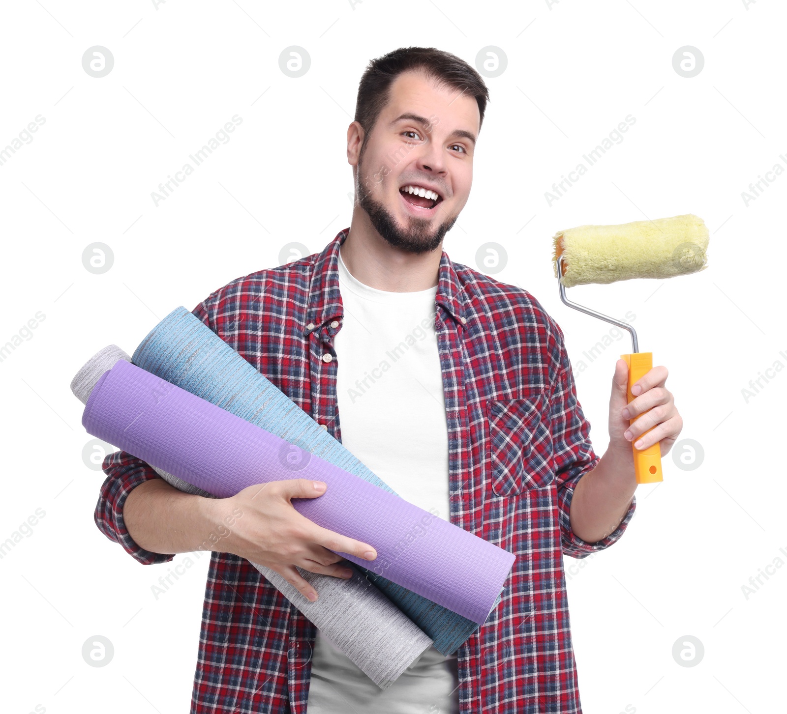 Photo of Man with wallpaper rolls and roller on white background