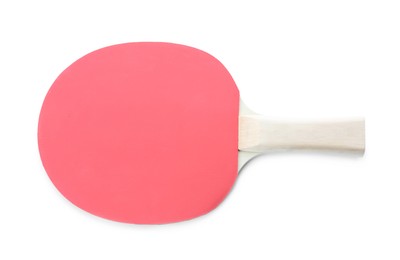 Photo of Ping pong racket isolated on white, top view. Table tennis equipment